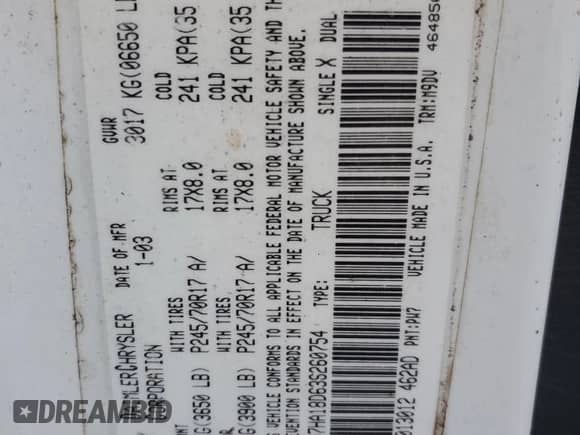 ✅ 2003 Dodge 1500 ST • VIN: 1D7HA18D63S260754 • Лот: 73852204. Размещён на Copart с пробегом 202 496 миль миль. Получите бесплатный доступ к архиву аукционных продаж из США и посмотрите подробный отчёт об истории автомобиля на DreamBid. Изображение 13.