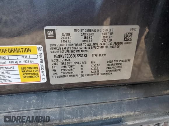 ✅ 2013 Chevrolet Traverse LS • VIN: 1GNKVFED3DJ223133 • Lot: 71408145. Listed on Copart with 184,486 mi. Free auction sales archive from the USA and detailed vehicle history report at DreamBid. Image 13.