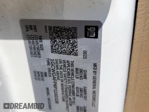 ✅ 2023 Chevrolet Express Cargo • VIN: 1GCWGAFP6P1102326 • Lot: 71293625. Listed on Copart with 51,340 mi. Free auction sales archive from the USA and detailed vehicle history report at DreamBid. Image 13.