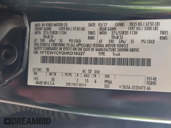 ✅ 2017 Ford F-150 XL • VIN: 1FTEW1CP2HKD16227 • Lot: 42367227. Listed on IAAI with 129,971 mi. Free auction sales archive from the USA and detailed vehicle history report at DreamBid. Image 9.