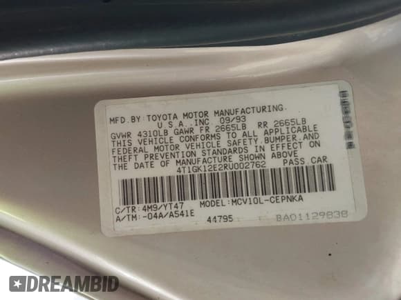 ✅ 1994 Toyota Camry LE • VIN: 4T1GK12E2RU002762 • Lot: 41376893. Listed on IAAI with 100,375 mi. Free auction sales archive from the USA and detailed vehicle history report at DreamBid. Image 9.