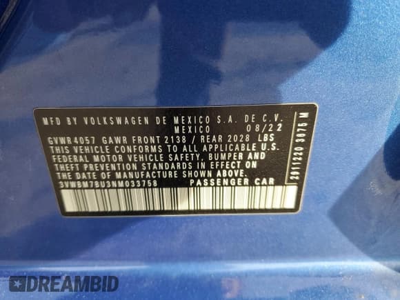 ✅ 2022 Volkswagen Jetta Sport • VIN: 3VWBM7BU3NM033758 • Lot: 91263485. Listed on Copart with 106,284 mi. Free auction sales archive from the USA and detailed vehicle history report at DreamBid. Image 12.