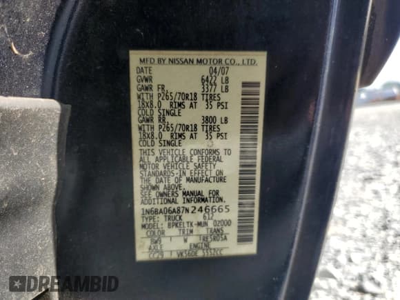 ✅ 2007 Nissan Titan SE • VIN: 1N6BA06A87N246665 • Lot: 60813605. Listed on Copart with 170,743 mi. Free auction sales archive from the USA and detailed vehicle history report at DreamBid. Image 13.