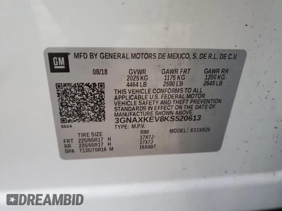 ✅ 2019 Chevrolet Equinox LT • VIN: 3GNAXKEV8KS520613 • Lot: 81570545. Listed on Copart with 88,667 mi. Free auction sales archive from the USA and detailed vehicle history report at DreamBid. Image 13.