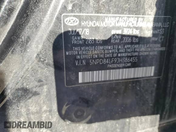 2018 Hyundai Elantra SEL with VIN 5NPD84LF9JH386455, listed as a Copart auction lot 80706925 with Not provided miles and Salvage title. Bid and sale history available at DreamBid. Image 12.