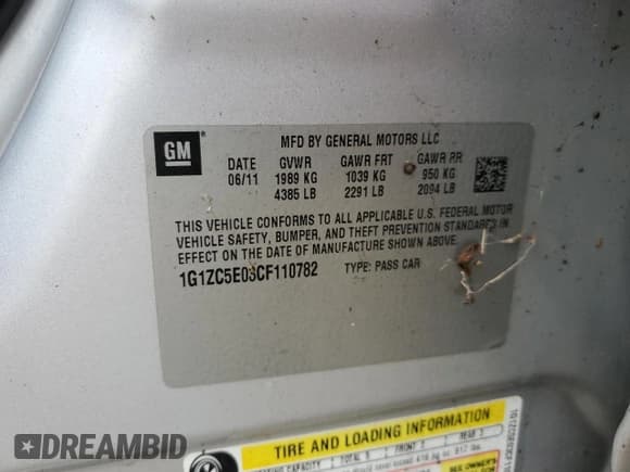 ✅ 2012 Chevrolet Malibu 1LT • VIN: 1G1ZC5E03CF110782 • Lot: 74067714. Listed on Copart with 42,126 mi. Free auction sales archive from the USA and detailed vehicle history report at DreamBid. Image 12.