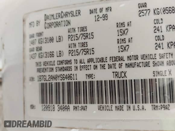 ✅ 2000 Dodge Dakota Sport • VIN: 1B7GL2AN0YS640611 • Лот: 42226346. Размещён на IAAI с пробегом Не указан миль. Получите бесплатный доступ к архиву аукционных продаж из США и посмотрите подробный отчёт об истории автомобиля на DreamBid. Изображение 9.