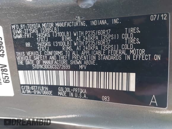 ✅ 2012 Toyota Sienna XLE • VIN: 5TDYK3DC6CS272699 • Lot: 43167971. Listed on IAAI with 133,927 mi. Free auction sales archive from the USA and detailed vehicle history report at DreamBid. Image 9.