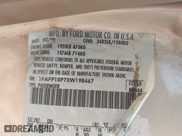 ✅ 1999 Ford Escort LX • VIN: 1FAFP10P7XW198467 • Lot: 42278961. Listed on IAAI with 293,835 mi. Free auction sales archive from the USA and detailed vehicle history report at DreamBid. Image 9.