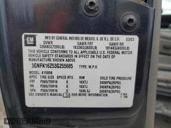 ✅ 2003 Chevrolet Suburban LT • VIN: 3GNFK16Z53G255685 • Lot: 89187135. Listed on Copart with 215,611 mi. Free auction sales archive from the USA and detailed vehicle history report at DreamBid. Image 15.