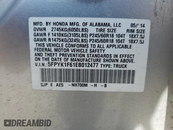 ✅ 2014 Honda Ridgeline SE • VIN: 5FPYK1F61EB012477 • Lot: 65182815. Listed on Copart with 168,666 mi. Free auction sales archive from the USA and detailed vehicle history report at DreamBid. Image 12.