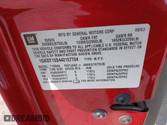 ✅ 2004 GMC Envoy SLE • VIN: 1GKDT13S442157704 • Lot: 41907592. Listed on IAAI with 127,000 mi. Free auction sales archive from the USA and detailed vehicle history report at DreamBid. Image 9.