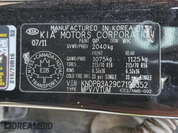 ✅ 2012 Kia Sportage LX • VIN: KNDPB3A29C7193352 • Lot: 68323795. Listed on Copart with 307,987 mi. Free auction sales archive from the USA and detailed vehicle history report at DreamBid. Image 13.