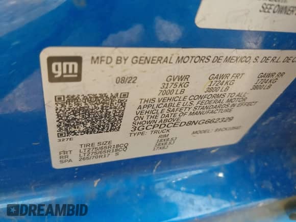 2022 Chevrolet Silverado 1500 Custom Trail Boss with VIN 3GCPDCED8NG662329, listed as a IAAI auction lot 42463966 with 72,370 mi miles and . Bid and sale history available at DreamBid. Image 9.