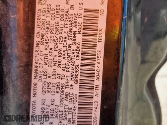 ✅ 2007 Toyota Tacoma PreRunner • VIN: 5TETU62N77Z467066 • Lot: 92179625. Wystawiony na Copart z przebiegiem 282 479 mil. Bezpłatny archiwum sprzedaży aukcyjnych z USA i szczegółowy raport historii pojazdu na DreamBid. Zdjęcie 12.