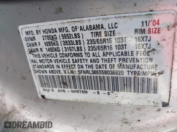 ✅ 2005 Honda Odyssey EX-L • VIN: 5FNRL38655B036820 • Lot: 43633450. Listed on IAAI with 207,568 mi. Free auction sales archive from the USA and detailed vehicle history report at DreamBid. Image 9.