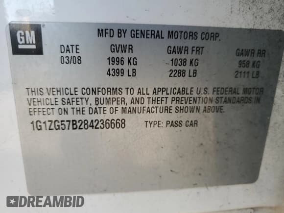 ✅ 2008 Chevrolet Malibu 1FL • VIN: 1G1ZG57B284236668 • Lot: 76230604. Listed on Copart with 192,487 mi. Free auction sales archive from the USA and detailed vehicle history report at DreamBid. Image 13.