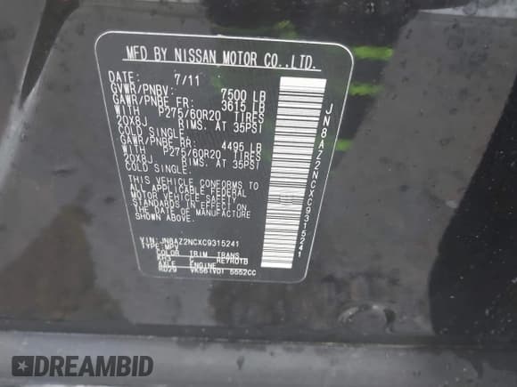 ✅ 2012 Infiniti QX56 8-passenger • VIN: JN8AZ2NCXC9315241 • Lot: 41958081. Listed on IAAI with 148,252 mi. Free auction sales archive from the USA and detailed vehicle history report at DreamBid. Image 9.