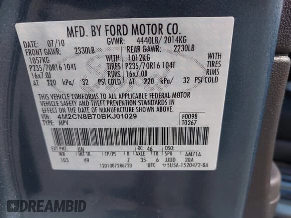 ✅ 2011 Mercury Mariner • VIN: 4M2CN8B70BKJ01029 • Лот: 42678258. Опубликован ранее на IAAI с пробегом 188 316 миль. Бесплатный доступ к архиву аукционных продаж из США и подробный отчёт об истории автомобиля на DreamBid. Изображение 9.