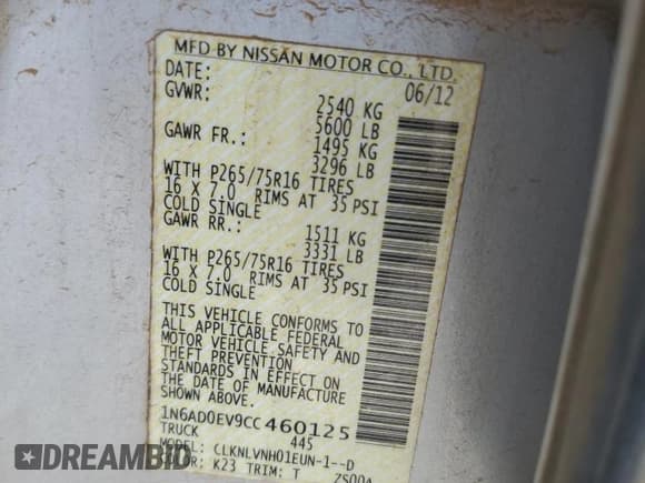 ✅ 2012 Nissan Frontier Pro-4X • VIN: 1N6AD0EV9CC460125 • Lot: 82728965. Listed on Copart with 183,465 mi. Free auction sales archive from the USA and detailed vehicle history report at DreamBid. Image 12.