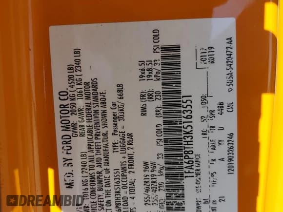 ✅ 2019 Ford Mustang EcoBoost • VIN: 1FA6P8TH3K5163551 • Лот: 86787405. Опубликован ранее на Copart с пробегом Не указан. Бесплатный доступ к архиву аукционных продаж из США и подробный отчёт об истории автомобиля на DreamBid. Изображение 13.