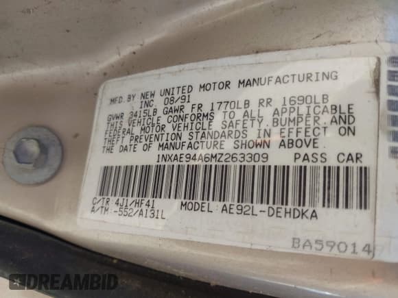 ✅ 1991 Toyota Corolla • VIN: 1NXAE94A6MZ263309 • Lot: 43745942. Wystawiony na IAAI z przebiegiem 180 559 mil. Bezpłatny archiwum sprzedaży aukcyjnych z USA i szczegółowy raport historii pojazdu na DreamBid. Zdjęcie 9.