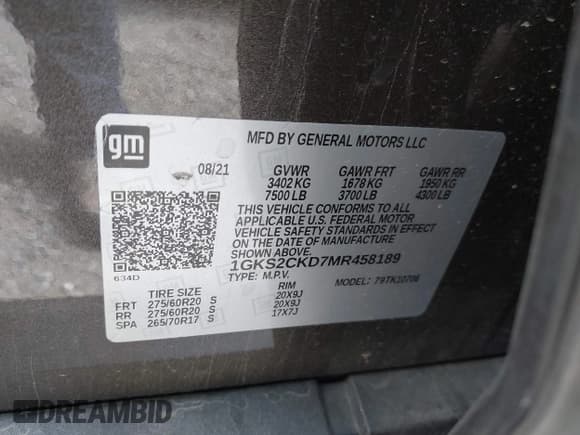 ✅ 2021 GMC Yukon AT4 • VIN: 1GKS2CKD7MR458189 • Lot: 41893918. Listed on IAAI with 47,730 mi. Free auction sales archive from the USA and detailed vehicle history report at DreamBid. Image 9.