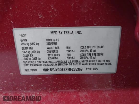 ✅ 2021 Tesla Model Y Long Range • VIN: 5YJYGDEEXMF285369 • Lot: 42895471. Listed on IAAI with Not provided. Free auction sales archive from the USA and detailed vehicle history report at DreamBid. Image 9.