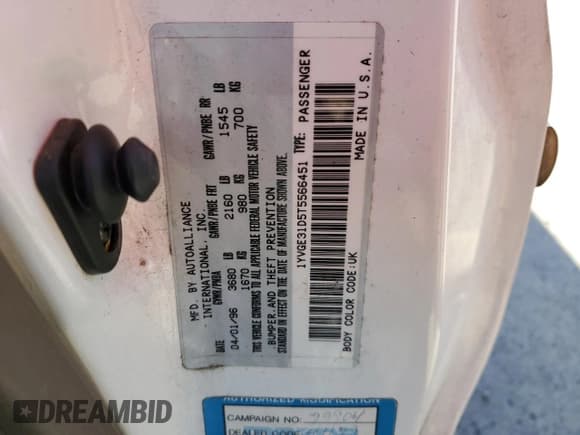 ✅ 1996 Mazda MX-6 • VIN: 1YVGE31D5T5566451 • Lot: 88347915. Listed on Copart with 172,188 mi. Free auction sales archive from the USA and detailed vehicle history report at DreamBid. Image 12.