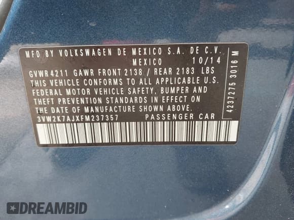 ✅ 2015 Volkswagen Jetta S • VIN: 3VW2K7AJXFM237357 • Lot: 43874049. Listed on IAAI with 147,720 mi. Free auction sales archive from the USA and detailed vehicle history report at DreamBid. Image 9.