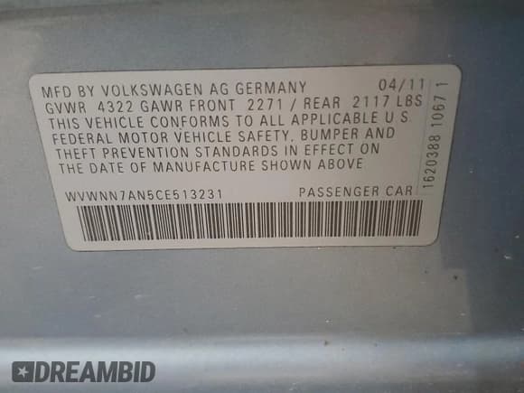 ✅ 2012 Volkswagen CC Sport • VIN: WVWNN7AN5CE513231 • Lot: 87351644. Wystawiony na Copart z przebiegiem 117 728 mil. Bezpłatny archiwum sprzedaży aukcyjnych z USA i szczegółowy raport historii pojazdu na DreamBid. Zdjęcie 12.