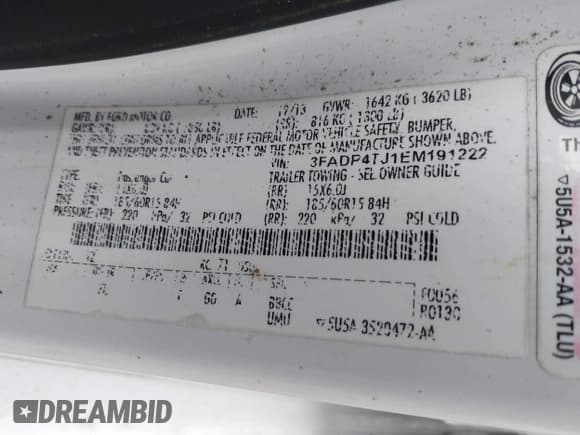 ✅ 2014 Ford Fiesta S • VIN: 3FADP4TJ1EM191222 • Lot: 42456575. Listed on IAAI with 110,969 mi. Free auction sales archive from the USA and detailed vehicle history report at DreamBid. Image 9.