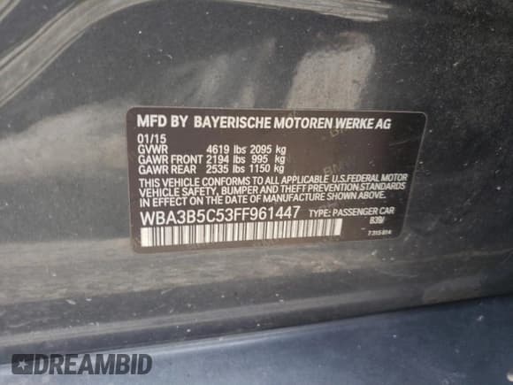 ✅ 2015 BMW 3 Series 328i xDrive • VIN: WBA3B5C53FF961447 • Lot: 70522785. Listed on Copart with Not provided. Free auction sales archive from the USA and detailed vehicle history report at DreamBid. Image 12.