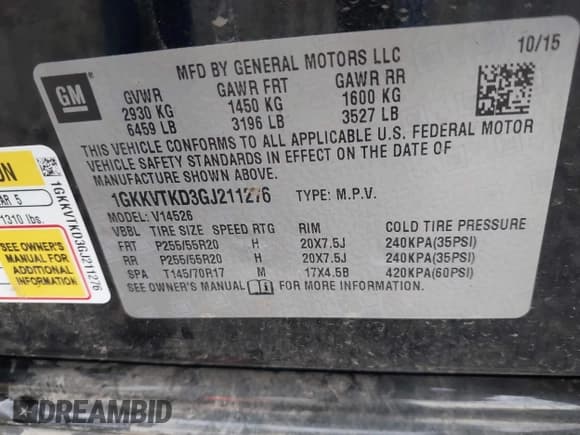 ✅ 2016 GMC Acadia Denali • VIN: 1GKKVTKD3GJ211276 • Lot: 43341401. Listed on IAAI with 138,913 mi. Free auction sales archive from the USA and detailed vehicle history report at DreamBid. Image 9.