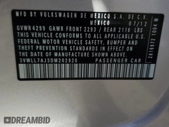 ✅ 2013 Volkswagen Jetta TDI w/Premium/Nav • VIN: 3VWLL7AJ3DM202920 • Лот: 91023835. Опубликован ранее на Copart с пробегом Не указан. Бесплатный доступ к архиву аукционных продаж из США и подробный отчёт об истории автомобиля на DreamBid. Изображение 13.