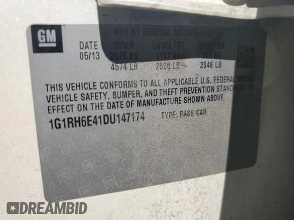 2013 Chevrolet Volt z VIN 1G1RH6E41DU147174, wystawiony jako Copart lot #60941384 z przebiegiem 186 859 mil mil oraz Szkoda całkowita • Salvage title. Historia ofert i sprzedaży dostępna na DreamBid. Obrazek 12.