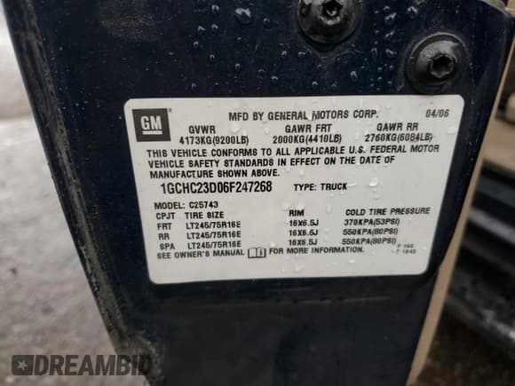 ✅ 2006 Chevrolet Silverado 2500HD Work Truck • VIN: 1GCHC23D06F247268 • Лот: 77027434. Опубликован ранее на Copart с пробегом Не указан. Бесплатный доступ к архиву аукционных продаж из США и подробный отчёт об истории автомобиля на DreamBid. Изображение 12.