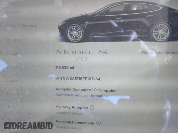 ✅ 2015 Tesla Model S 85 • VIN: 5YJSA1E16FF107254 • Lot: 43741109. Listed on IAAI with 119,933 mi. Free auction sales archive from the USA and detailed vehicle history report at DreamBid. Image 7.