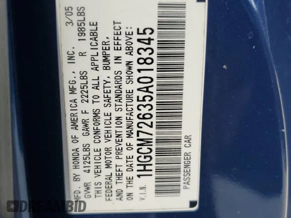 ✅ 2005 Honda Accord EX-L • VIN: 1HGCM72635A018345 • Lot: 61899625. Wystawiony na Copart z przebiegiem 146 901 mil. Bezpłatny archiwum sprzedaży aukcyjnych z USA i szczegółowy raport historii pojazdu na DreamBid. Zdjęcie 12.