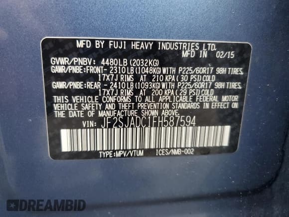 ✅ 2015 Subaru Forester Premium • VIN: JF2SJADC1FH587594 • Lot: 82339065. Listed on Copart with 107,842 mi. Free auction sales archive from the USA and detailed vehicle history report at DreamBid. Image 12.