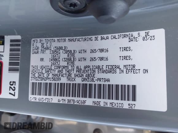 ✅ 2023 Toyota Tacoma TRD Off Road • VIN: 3TMDZ5BN2PM150289 • Lot: 43627345. Listed on IAAI with 60,603 mi. Free auction sales archive from the USA and detailed vehicle history report at DreamBid. Image 9.