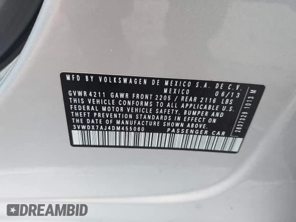 ✅ 2013 Volkswagen Jetta SE • VIN: 3VWDX7AJ4DM455060 • Лот: 43676673. Опубликован ранее на IAAI с пробегом 146 825 миль. Бесплатный доступ к архиву аукционных продаж из США и подробный отчёт об истории автомобиля на DreamBid. Изображение 9.