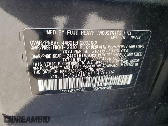 ✅ 2015 Subaru Forester Premium • VIN: JF2SJADCXFH475585 • Lot: 86812015. Listed on Copart with 141,916 mi. Free auction sales archive from the USA and detailed vehicle history report at DreamBid. Image 13.