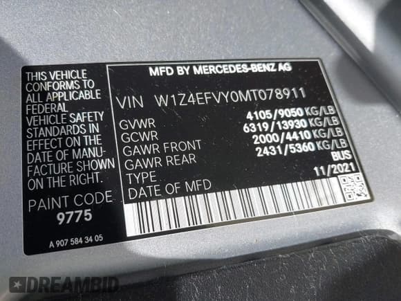 ✅ 2021 Mercedes-Benz Sprinter • VIN: W1Z4EFVY0MT078911 • Lot: 42710919. Listed on IAAI with 116,175 mi. Free auction sales archive from the USA and detailed vehicle history report at DreamBid. Image 9.