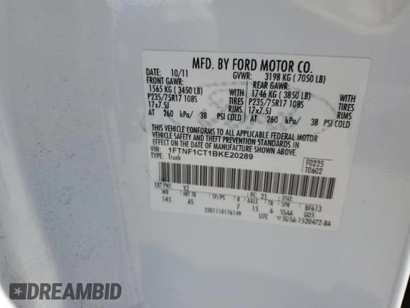 ✅ 2011 Ford F-150 XL • VIN: 1FTNF1CT1BKE20289 • Лот: 67071124. Опубликован ранее на Copart с пробегом 261 315 миль. Бесплатный доступ к архиву аукционных продаж из США и подробный отчёт об истории автомобиля на DreamBid. Изображение 12.