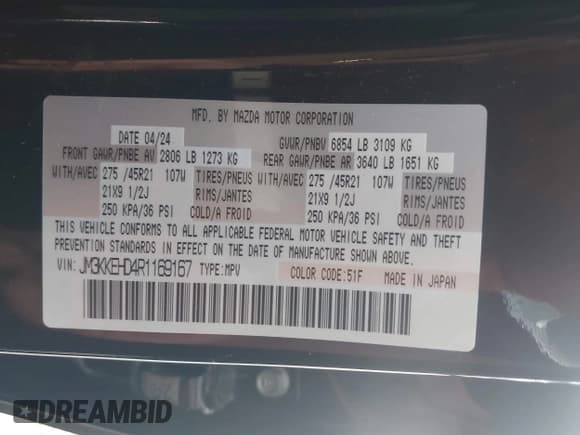 ✅ 2024 Mazda CX-90 Premium Plus • VIN: JM3KKEHD4R1169167 • Lot: 42846214. Listed on IAAI with 15,453 mi. Free auction sales archive from the USA and detailed vehicle history report at DreamBid. Image 9.