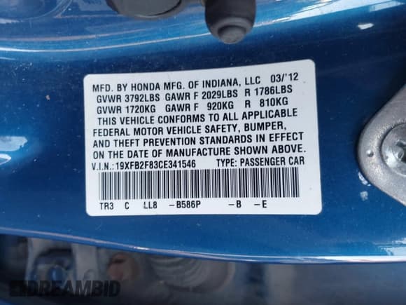 ✅ 2012 Honda Civic EX • VIN: 19XFB2F83CE341546 • Лот: 43691718. Опубликован ранее на IAAI с пробегом 188 173 миль. Бесплатный доступ к архиву аукционных продаж из США и подробный отчёт об истории автомобиля на DreamBid. Изображение 9.