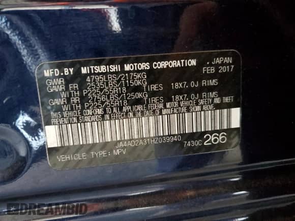 2017 Mitsubishi Outlander ES z VIN JA4AD2A31HZ039940, wystawiony jako Copart lot #80494305 z przebiegiem 80 217 mil mil oraz Szkoda całkowita • Salvage title. Historia ofert i sprzedaży dostępna na DreamBid. Obrazek 14.