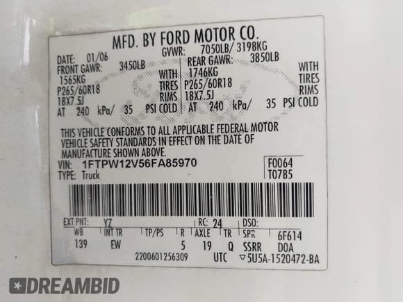 ✅ 2006 Ford F-150 XLT • VIN: 1FTPW12V56FA85970 • Lot: 43013940. Listed on IAAI with 168,609 mi. Free auction sales archive from the USA and detailed vehicle history report at DreamBid. Image 9.