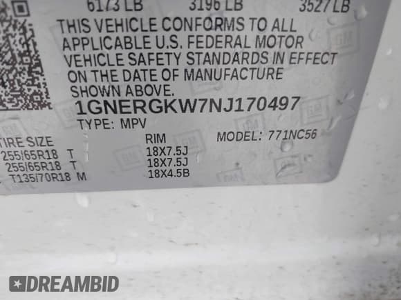 ✅ 2022 Chevrolet Traverse LT Cloth • VIN: 1GNERGKW7NJ170497 • Lot: 42765745. Listed on IAAI with 61,693 mi. Free auction sales archive from the USA and detailed vehicle history report at DreamBid. Image 9.